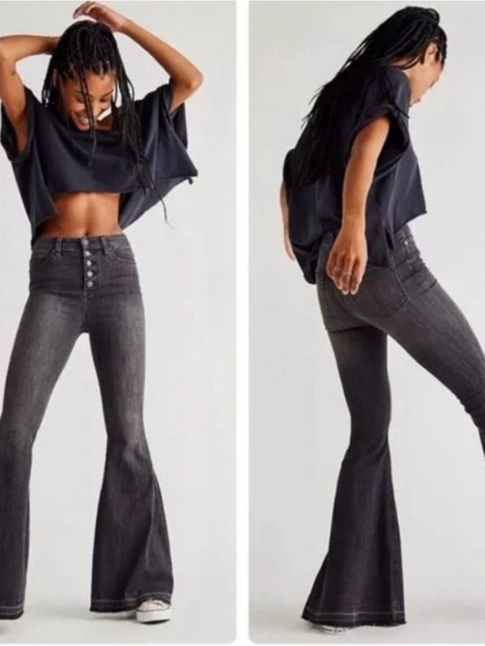 Free People Black High-Rise Button-Front Flared Jeans